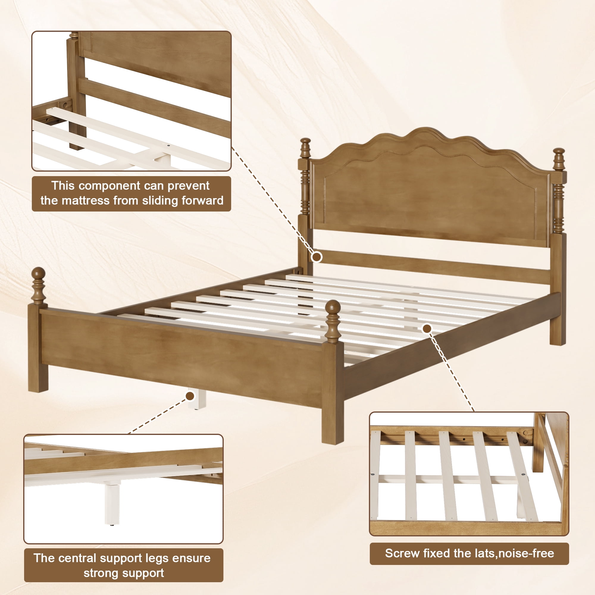 Euroco Wood Queen Size Platform Bed, Classic American Vintage Style Wood Bed with Curved Headboard, No Box Spring Needed, Dark Oak
