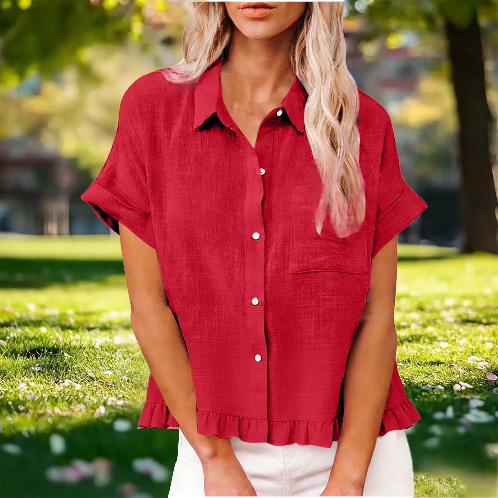 Women's Clothing Summer Tops Fashion Spring Clothing Fabric Solid Color Front Pocket Hem Fringe Short Sleeve Flared Collar Top