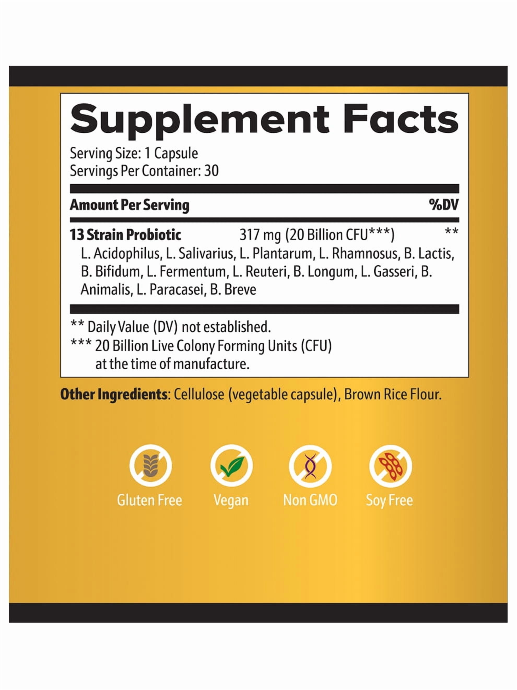 Probiotic – 13-strain, 20 Billion CFU, Vegan, Non-GMO, Soy & Gluten Free, 30 Capsules