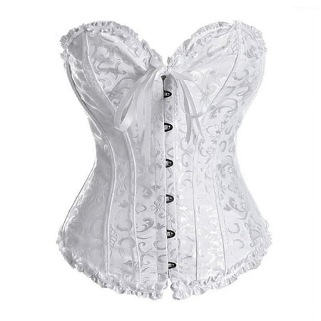 DENGDENG Women Summer Sexy Lace up Corset Bustier Waist Cincher Overbust Satin Boned Floral Trim Shapewear White XXL