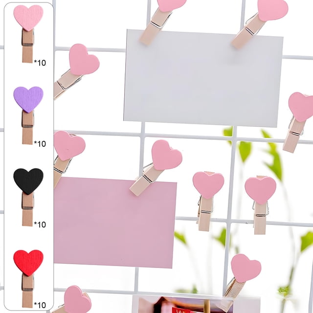 Clips de pared para fotos de madera con forma de corazón en forma de corazón del Día de San Valentín | Pinzas decorativas de colores rosas, morados, negros, rojos | Conjunto de 10 | 3,7x2cm