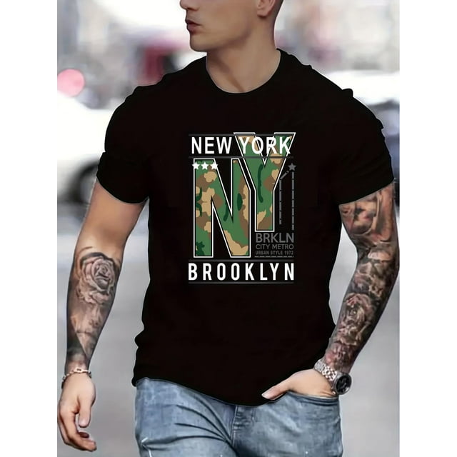 Men's Camo NY Graphic Tee - Soft & Stretchy, Crew Neck, Short Sleeve in Burgundy with Brooklyn Design - Casual Summer Wear Tee For Adult, Men, Women, Teen, Teenager, Adolescent, Youth.