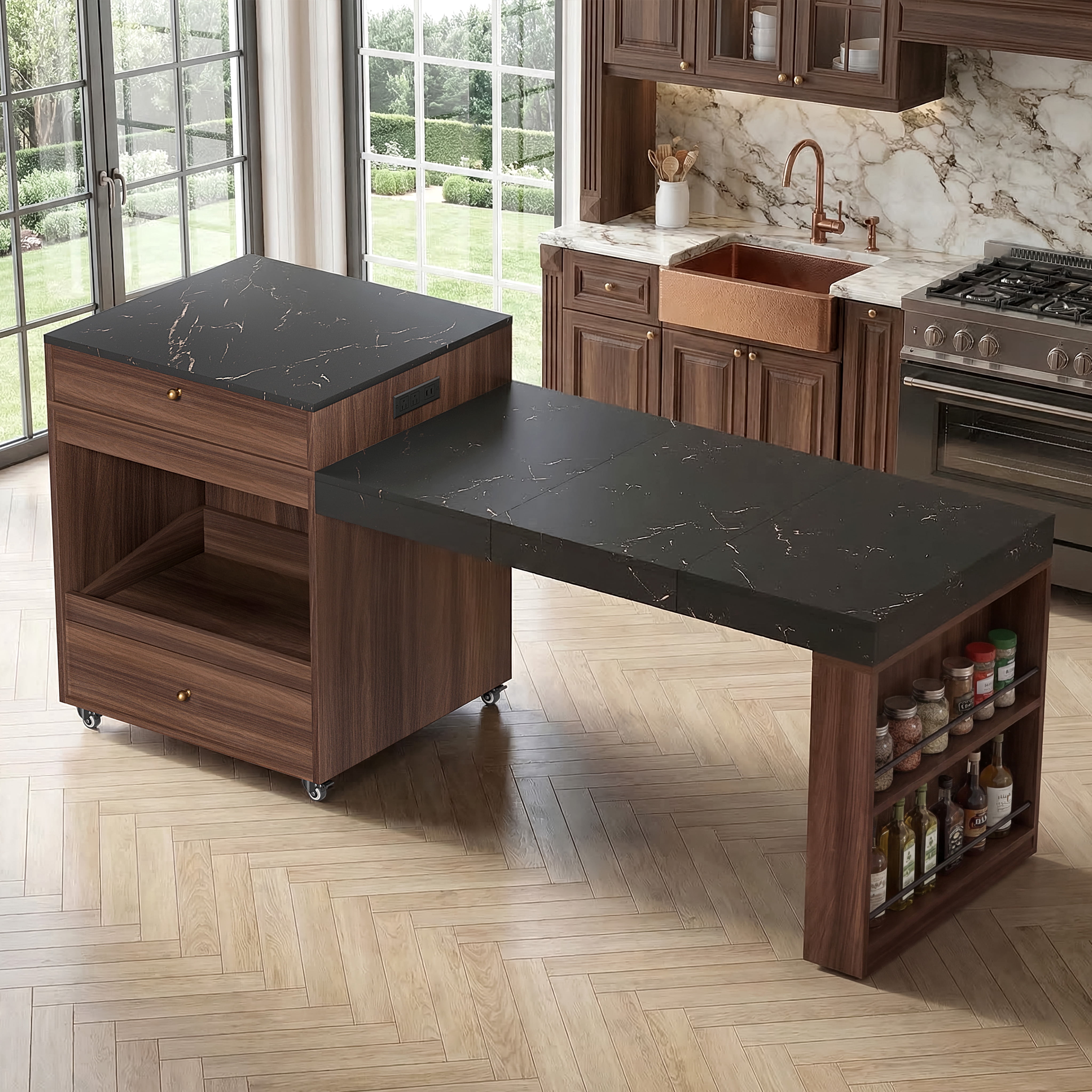 Mintazer 78.8'' Power Outlet Rolling Kitchen Island with 3-Stage Extendable Dining Table for 6-8, Kitchen Storage Cabinet with 2 Drawers and 3 Spice Rack for Pantry, Kithen, Dining Room, Walnut