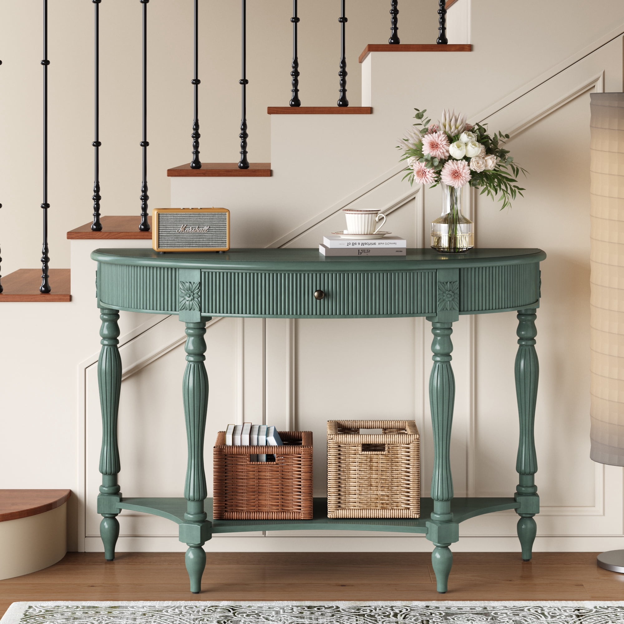 Solid Wood Half Moon Console Table with Drawer & Shelf, Fluted Vintage Curved Entryway Table for Hallway Living Room Foyer, Narrow Space Sofa Table with Roman Column Carved Legs, Rustic Green