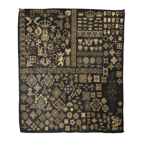 SIDONKU Flannel Throw Blanket Vintage Mega of Baroque Crown Pattern Retro Royal Victorian Soft for Bed Sofa and Couch 58x80 Inches
