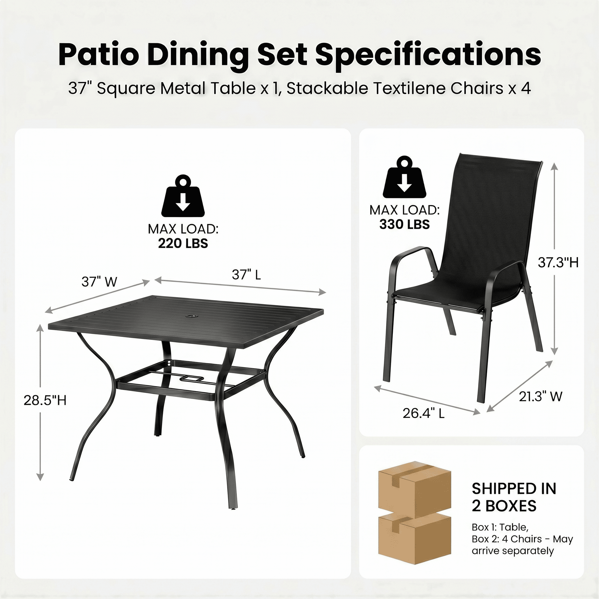 TLSUNNY 5 Pieces Patio Dining Set for 4, Outdoor Square Metal Table and Stackable Chairs, W/ 1.57"-1.8" Adjustable Umbrella Hole & Foot Pads, for Backyard, Deck