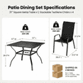 thumbnail image 2 of TLSUNNY 5 Pieces Patio Dining Set for 4, Outdoor Square Metal Table and Stackable Chairs, W/ 1.57"-1.8" Adjustable Umbrella Hole & Foot Pads, for Backyard, Deck, 2 of 10