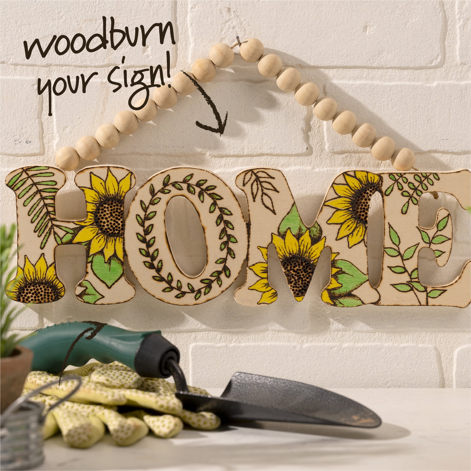 Plaid Unpainted Wood Surface Sign with Beaded Handle, Home, 14" x 4.5"