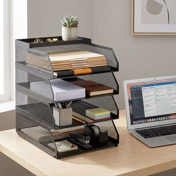 Stackable Mesh Desk Organizer - 4-Tier Black Metal Document Tray with Top Shelf - Slanted Letter & Folder Holder - Durable Expandable File Rack for Office Desktop Storage - 4 Layers