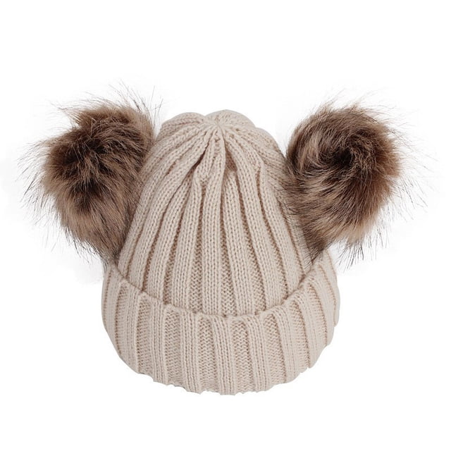 Chapeau Bébé d'Hiver Chaud Tricoté Raccoon Dog Double Boule pour Enfants