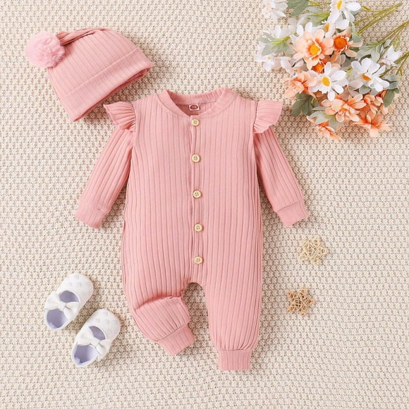 TopLLC Girl'S Onesie Newborn Girl Romper Solid Color Fly Sleeve Jumpsuits Onesie+Hat Infant Fall Winter Outfit 3-18 Months Childrens clothes