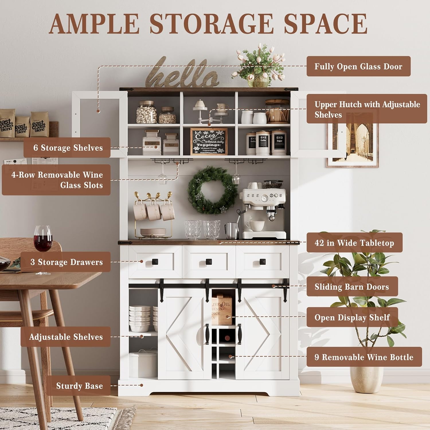 Homhougo 72" Kitchen Pantry Storage Cabinet with Hutch and Sliding Barn Door, Farmhouse Tall Buffet Cabinet with Drawers, Large Coffee Bar with Wine & Glasses Rack, for Home Living Room, White