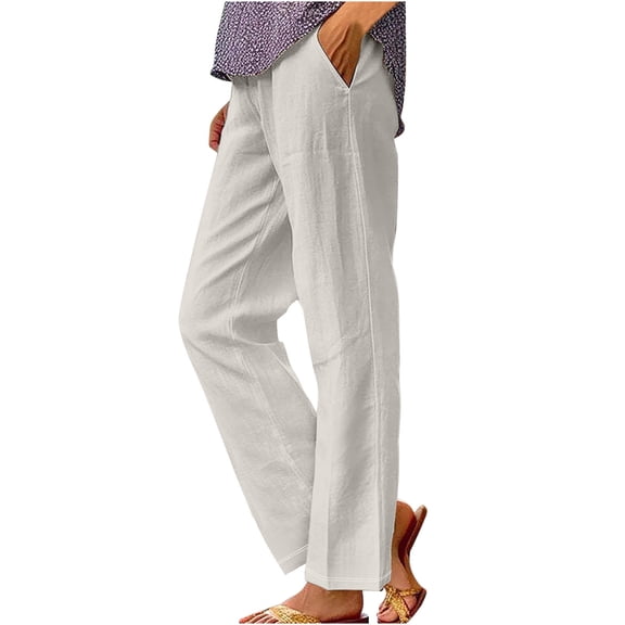DAFPZW Cotton Linen Pants for Women Summer Plus Size Elastic Waist Casual Loose Beach Straight Leg Trouser with Pockets