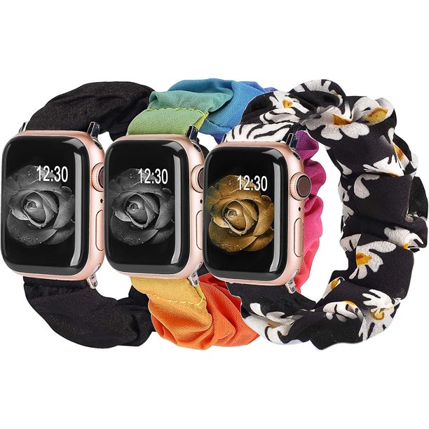 3 paquetes compatibles con Apple Watch Band Scrunchies 42 mm Tela Patrón suave Tela impresa Pulsera Pulsera Mujer Iwatch Bandas elásticas Scrunchy 44 mm