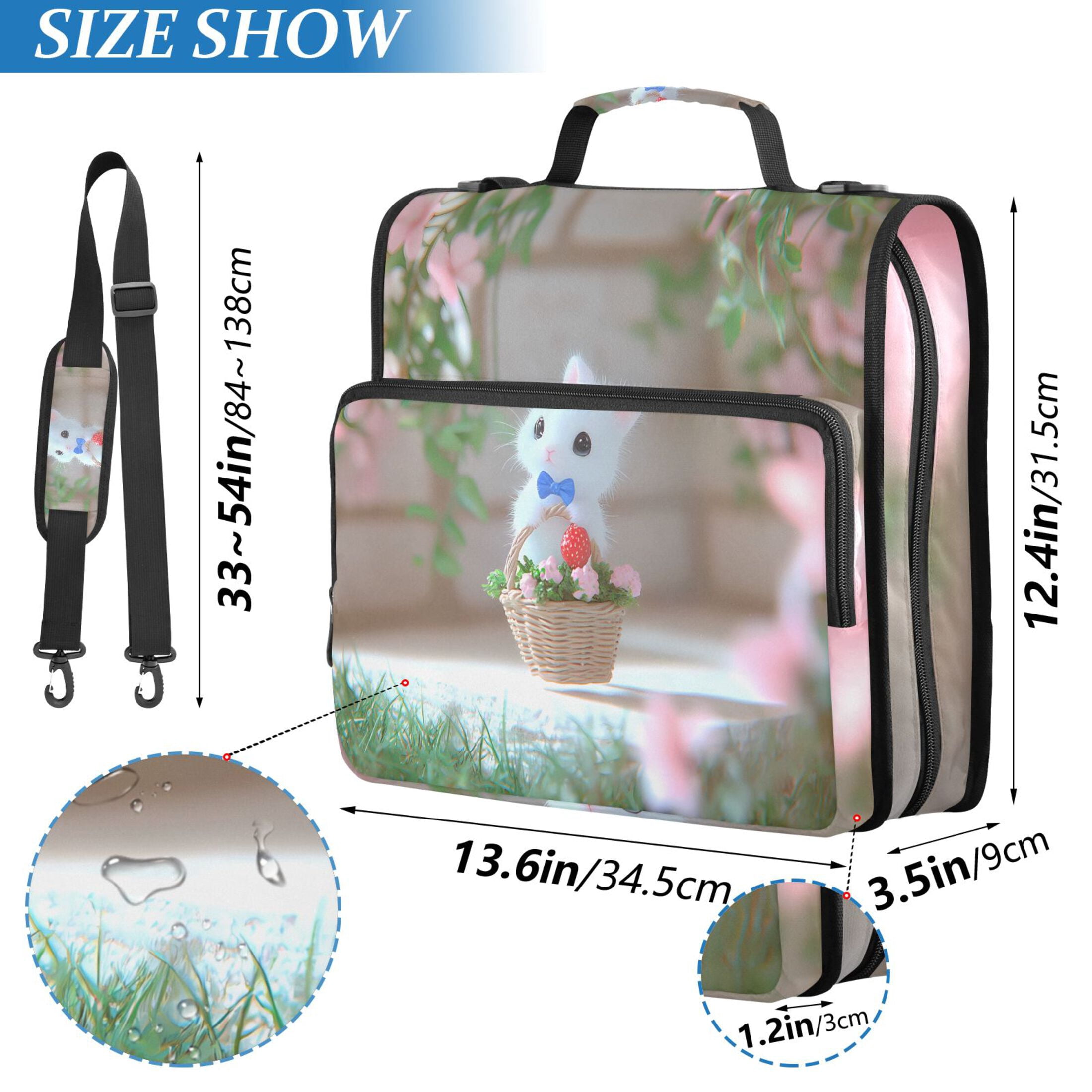 3 Ring Zipper Binder with Shoulder Strap Waterproof Trapper Keeper 2 Inch D-Ring 500 Sheets Capacity Cute Kitten in Flower Basket