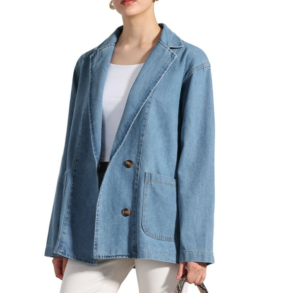 INSPIRE CHIC Women's Denim Jacket Notched Lapel Long Sleeve Button Up Pockets Work Office Denim Blazer S Blue