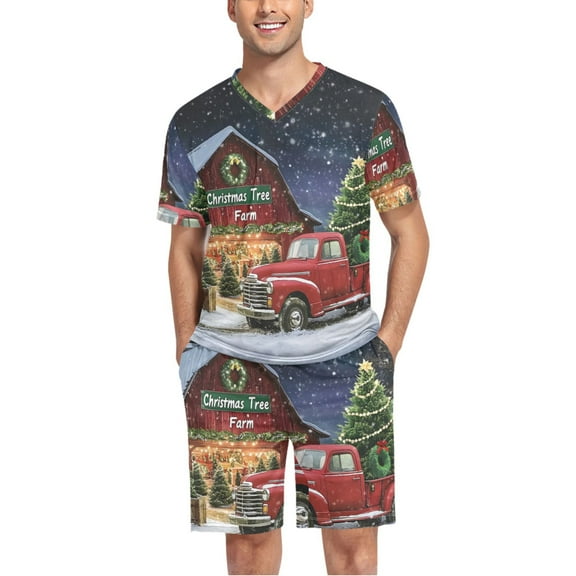 joogoo Men's Pajama Set Truck Christmas Tree V-Neck Pj Shorts Set 2 Piece Loungewear Sleepwear L