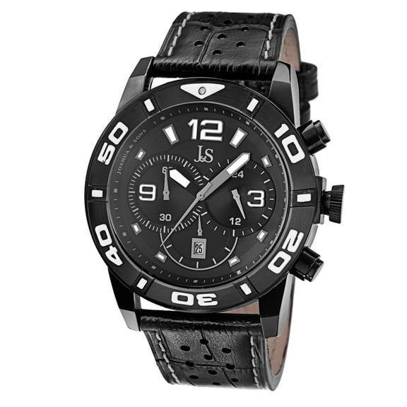 Men's Bold Chronograph Leather Black Strap Watch
