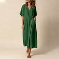thumbnail image 5 of Bxsruta Women's Wrap V Neck Midi Dress Button Front Short Sleeve Loose Fit Casual Faux Linen Summer Dress Breathable Lightweight Versatile Everyday Flattering, 5 of 8