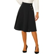 Allegra K Women's Solid Vintage High Elastic Waist Button Decor Flared Midi Skirt