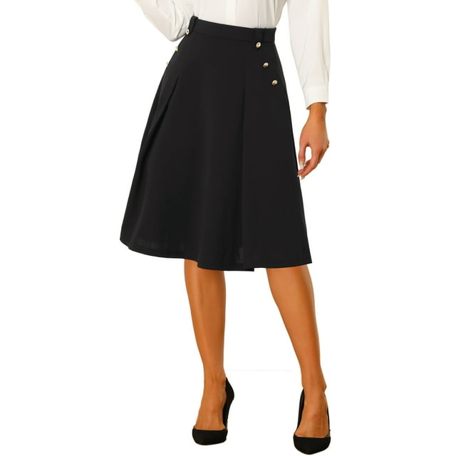 Falda midi acampanada de mujer INSPIRE CHIC, sólida, vintage, con cintura alta elástica y decoración de botones, 3XL, negra