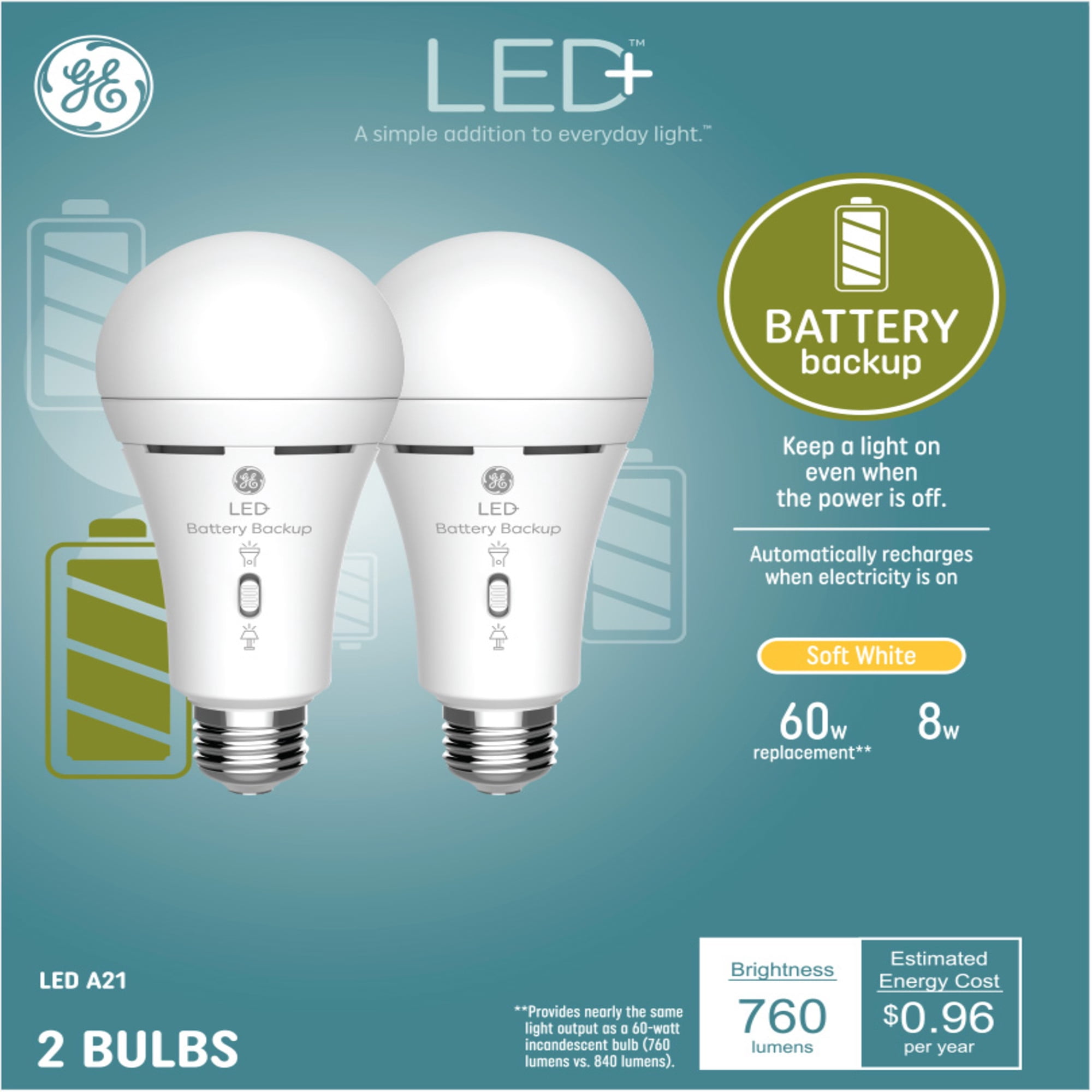 GE LED+ Battery Backup, 60 Watt, Soft White, A21 Bulbs, Medium Base, 2pk