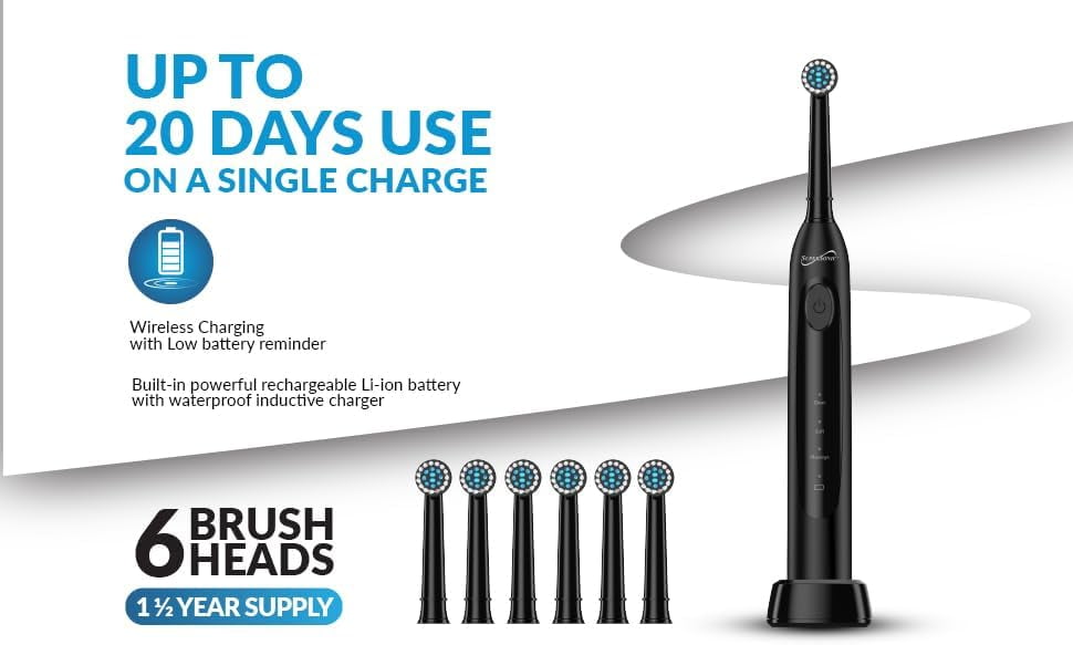 Supersonic TB-1000 Sonic Zoom+ Advanced Rotating Electric Toothbrush, 8,800 OPM, Wireless Charging, 6 Brush Heads, 3 Mod