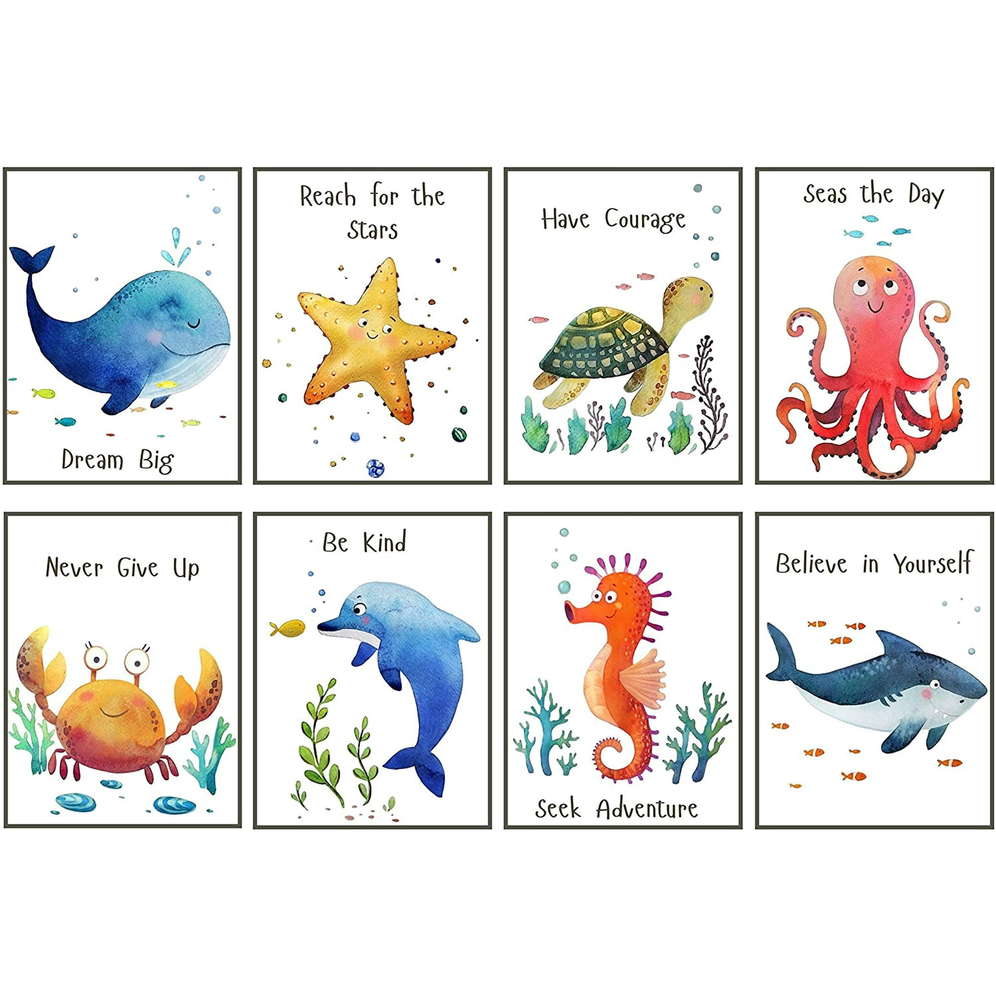 Nursery Wall Art Sea Animals - Bathroom Decor for Kids, Boy, Girl - prints  - Set of 9, 8x10 inch, Ocean Under the Sea Creatures - Dolphin, Shark,  Whale, Stingray, Crab, Sea Star, Seahorse, | Walmart Canada
