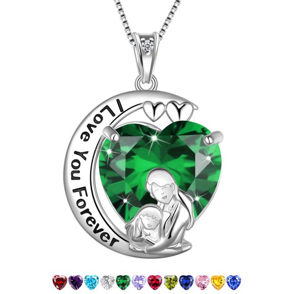 Juwaliy Moon Heart Mother Daughter Necklace 925 Sterling Silver Green Emerald May Birthstone Pendant Jewelry Women Mom Christmas Birthday Mother's Day Gift