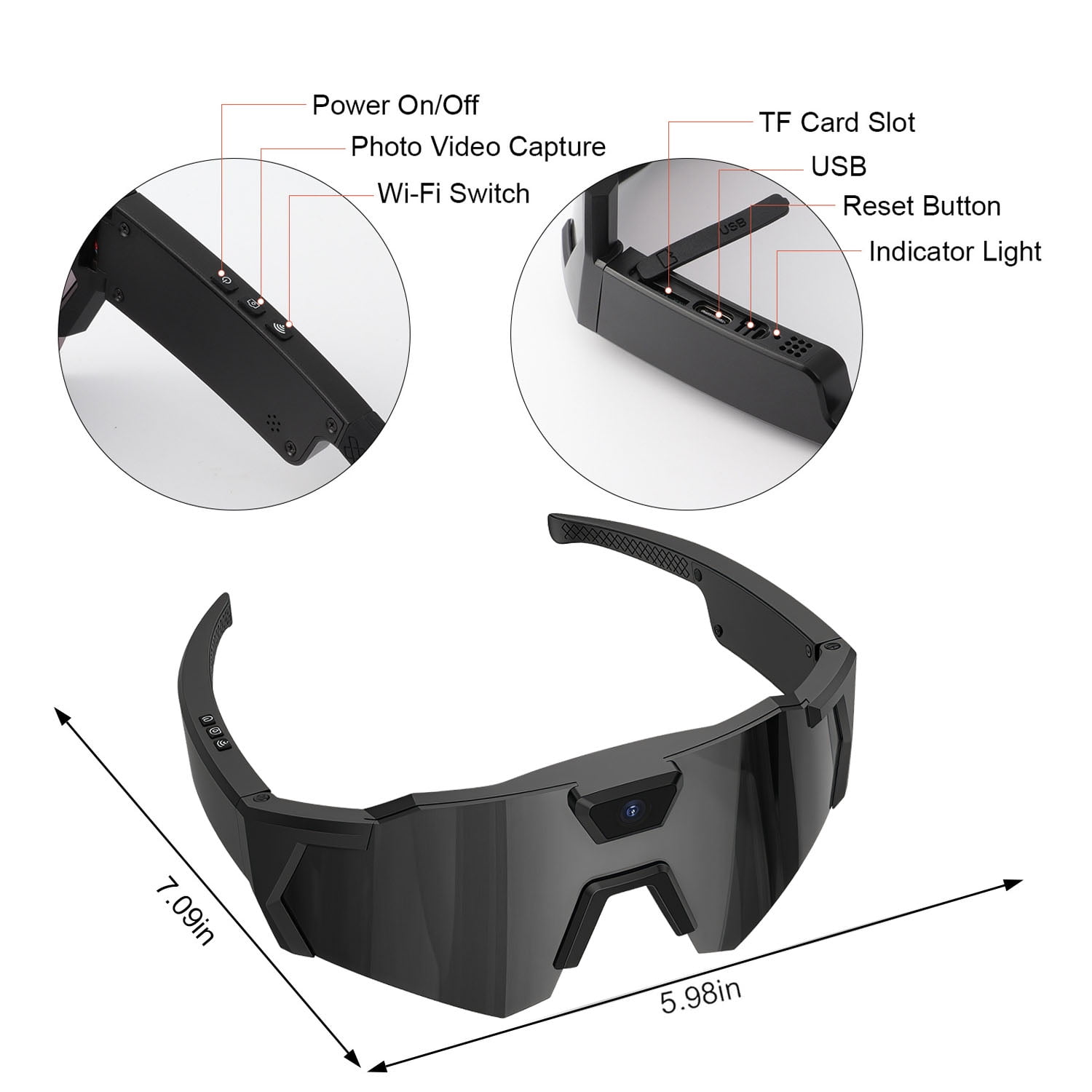Wiher Smart Camera Glasses, 4k POV Sports Glasses HD Recording Video, Cycling Action Sunglasses, Wearable Audio Take a Picture Wireless Photography Shooting VCR，Suitable for Men and Women(Black)