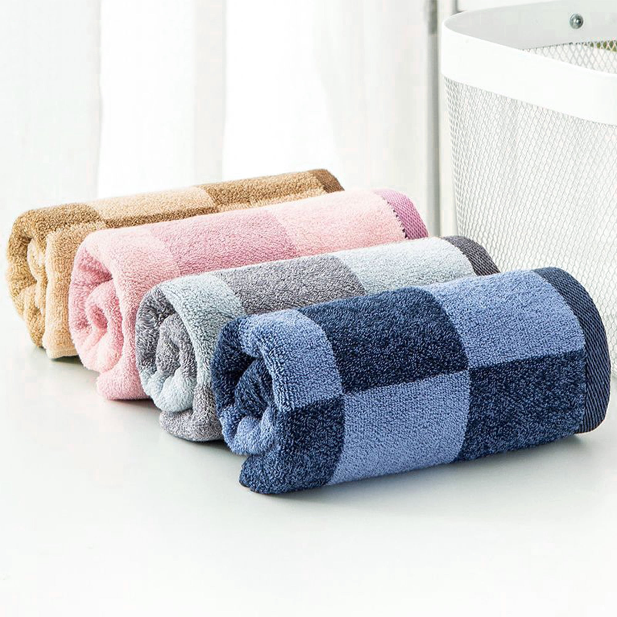 Unique Bargains Bathroom Checkered Decorative Hand Towel Set 14" x 28" Brown 4-Piece