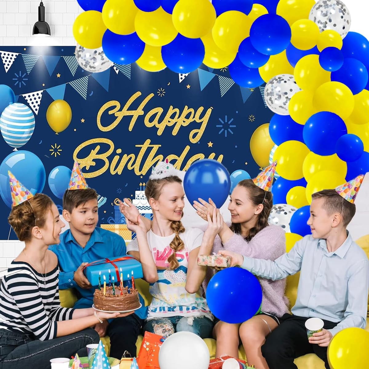 Royal Blue and Yellow Balloons Garland Arch, 122PCS Blue Yellow Balloons Silver Confetti for Wedding Baby Shower Anniversary Birthday Graduation Party Decorations