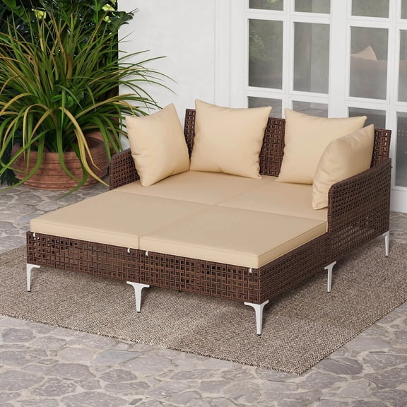 DRAZUNO Outdoor Patio Daybed PE Rattan Sunbed with Sponged-Filled Pillows and Cushions