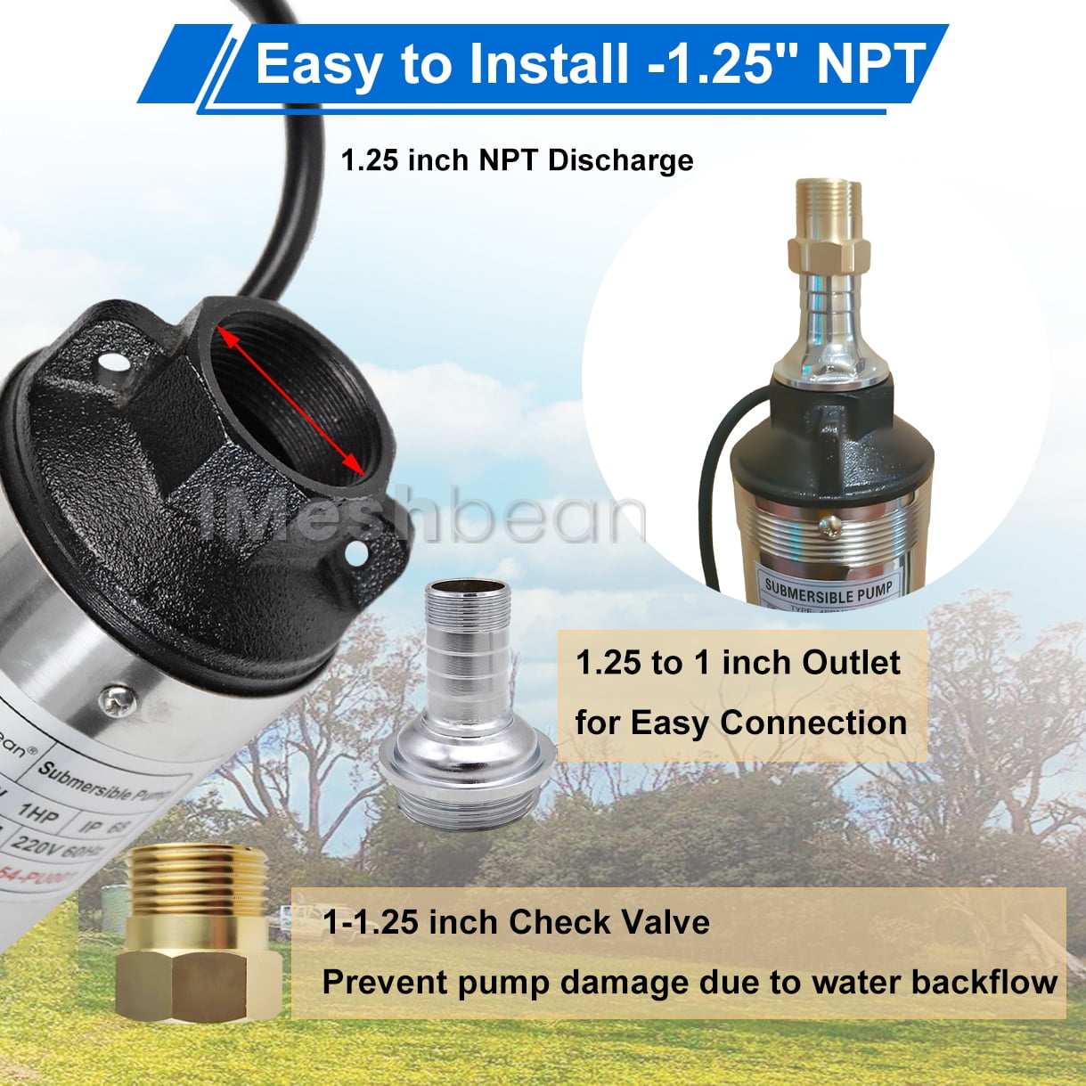 iMeshbean Deep Submersible Well Pump 1HP 33GPM 207ft Head with 33ft Electric Cable,220V 1.25" NPT Submersible Well Pump 4" Stainless Steel Water Pumps for Industrial, Irrigation and Home Use