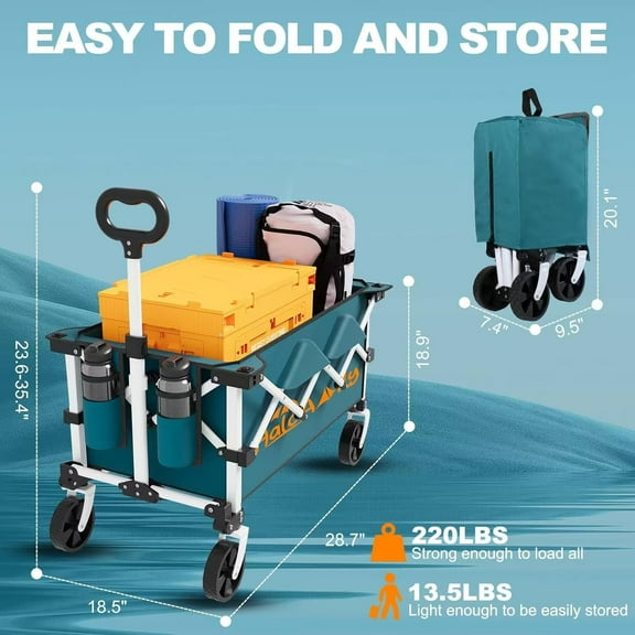 Foldable Wagon with Wheels, Heavy Duty Grocery Cart for Shopping, Beach, and Camping - Blue