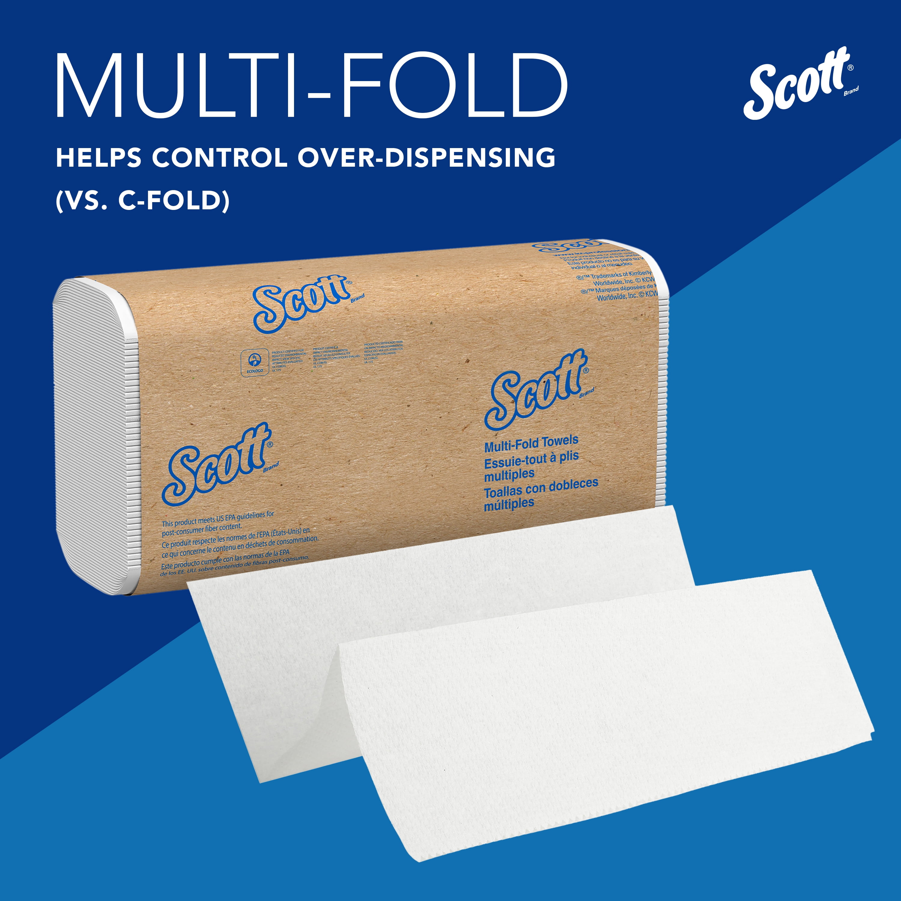 Scott Essential Multi-Fold Towels 100% Recycled, 9.2 x 9.4, White, 250/Pk, 16 Pk/CT -KCC01807