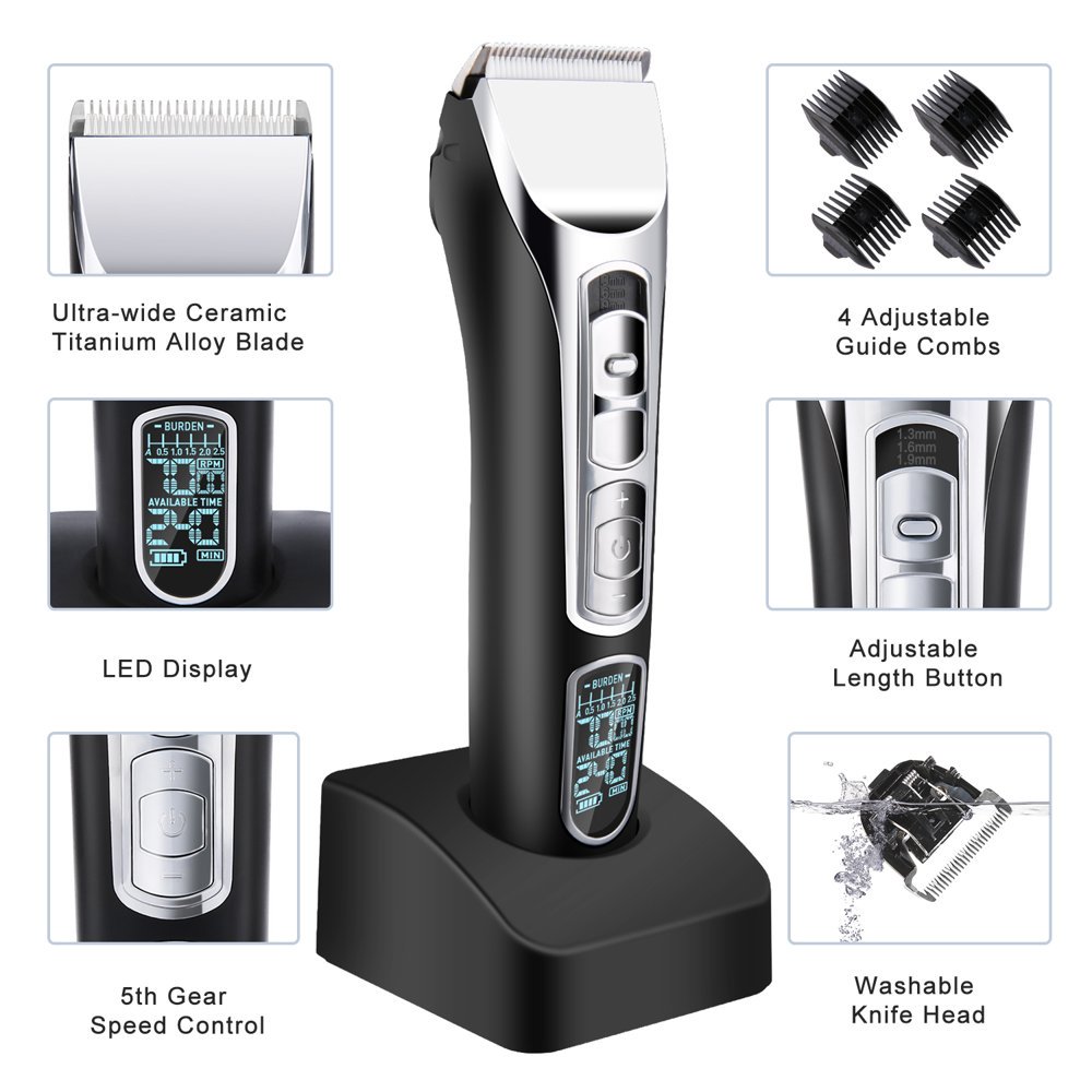 SEREED Hair Clippers for Men, Cordless Hair Trimmer Low Noise Hair Cutting Kit Beard Trimmer Body Hair Removal Machine with 3 Adjustable Speed Settings & LED Display - image 3 of 7