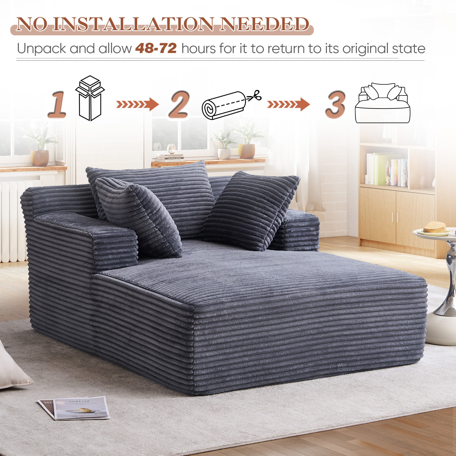 Lunale Chaise Lounge Indoor, Oversized Upholstered Lounge Chair, Plush Sleeper Sofa Bed, No Assembly Required, Gray Corduroy