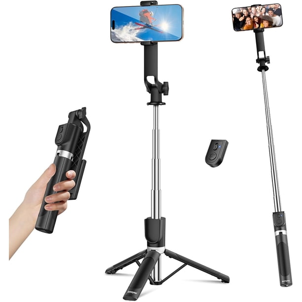 Palo selfie para teléfono, trípode de viaje extensible con remoto desmontable para fotografía, selfies, compatible con todos los teléfonos celulares, color negro