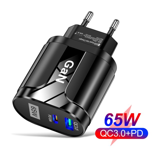 Cargador GaN de 65W 2 puertos de carga rápida QC3.0 para