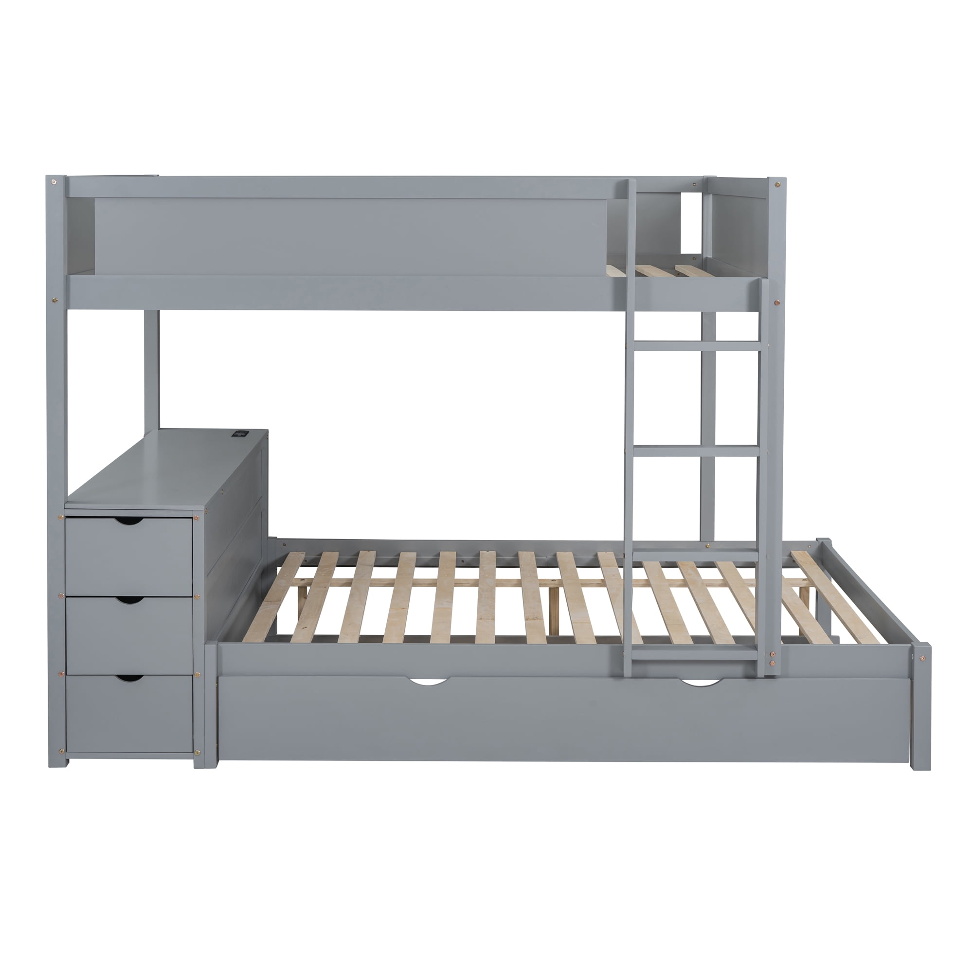 Aukfa Full Over Full Bunk Bed with Trundle and USB Charging Station, Wood Bed Frame with Build-in Desk&Storage Drawers for Kids Bedroom, Gray