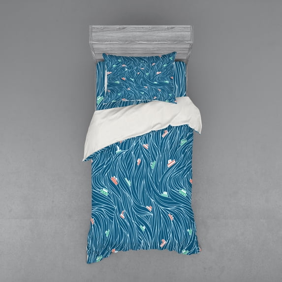 Nautical Duvet Cover Set, Waves Ships Cartoon Nautical Sailboat Vacations Travel Pattern, Bedding Set with Shams and Fitted Sheet, 3 Sizes, by Ambesonne