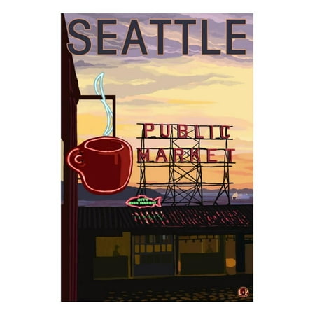 Seattle, Washington - Pike Place Market Sign and Water View Print Wall Art By Lantern Press