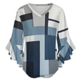 thumbnail image 5 of Geometric Modern Art Blue Gray Black White Women's V-Neck Blouse With 3/4 Ruffled Bell Sleeves Casual Top Ladies Blouses, 5 of 7