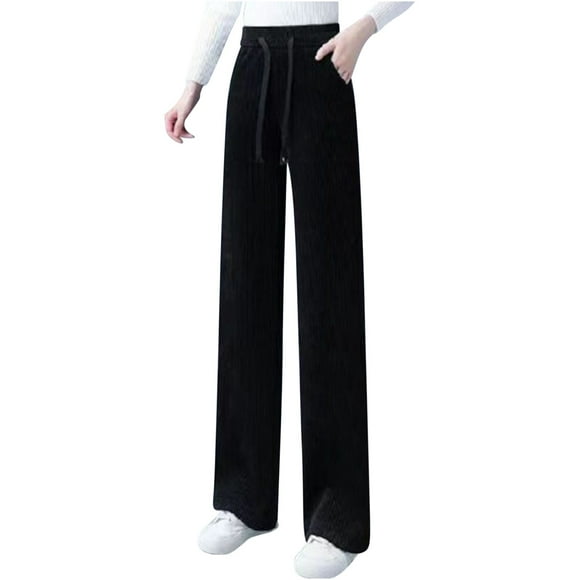 cfhntfmh Corduroy Pants for Women Fleece Lined Casual Drawstring High Waist Straight Leg Pants Fall Fashion 2024
