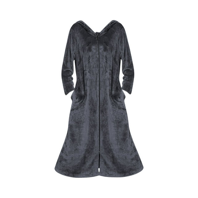 WZXFASHION Robe en Flanelle pour Femmes, Fermeture Éclair devant, Robes Longueur Complète, Peignoir en Flanelle Polaire, Peignoirs d'Hiver Chauds, Robe de Chambre, Chemise de Nuit, Tenue de Nuit, Pyjamas WomenRobes Gris G
