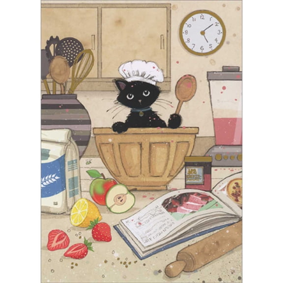 Bug Art Chef Kitty: Black Kitten Inside Brown Bowl Blank Note Card