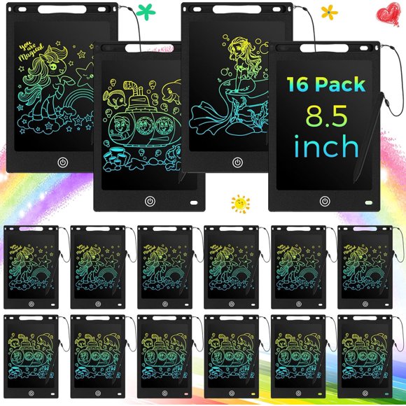 Tablette d'Écriture LCD 16 Pcs pour Enfants - Tableau d'Écriture Réutilisable 8,5 Pouces, Bloc à Gribouiller pour Dessin, Cadeau pour Fille et Garçon, Tout-Petits, Rentrée Scolaire, Cadeaux de Fête d'Anniversaire (Noir)