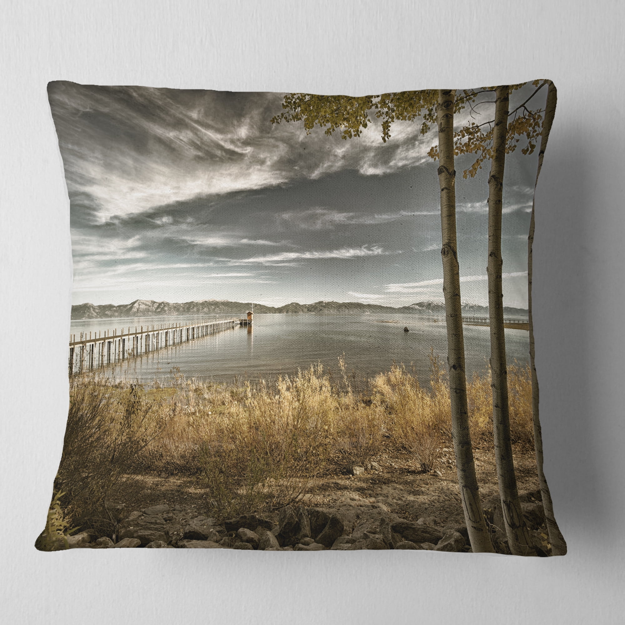 Designart Pier in Brown Lake - Landscape Photo Throw Pillow - 16x16