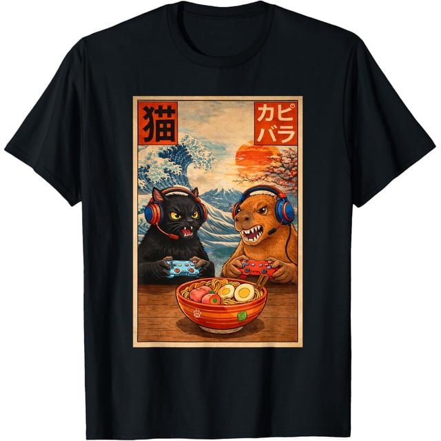 Cute Kawaii Gamer Cat & Capybara Ramen Retro - Camiseta japonesa para juegos